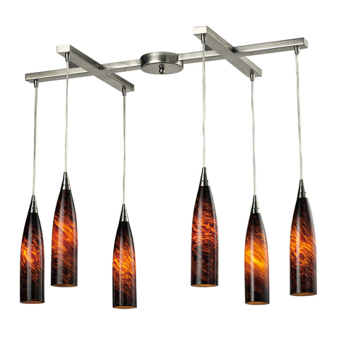 6 Light Pendant In Satin Nickel And Espresso Glass