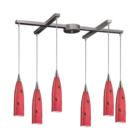 6 Light Pendant In Satin Nickel And Fire Red Glass