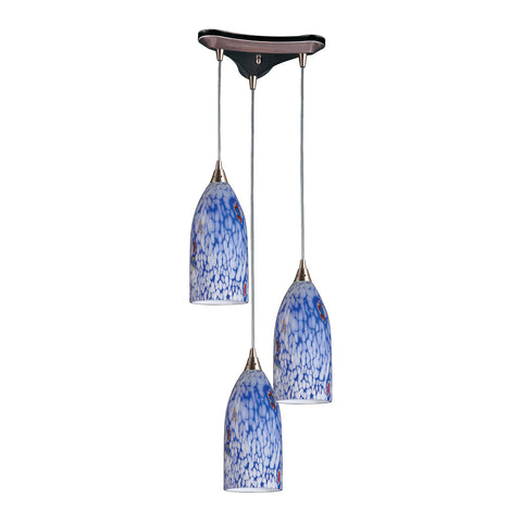 3 Light Pendant In Satin Nickel And Starlight Blue Glass