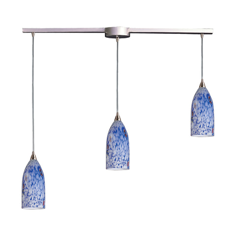 3 Light Pendant In Satin Nickel And Starlight Blue Glass