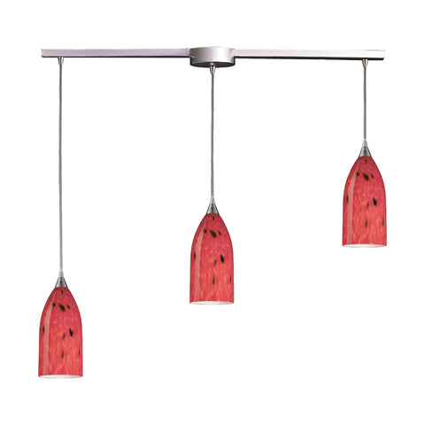 3 Light Pendant In Satin Nickel And Fire Red Glass