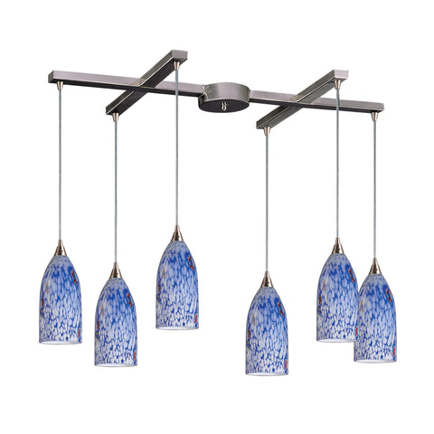 6 Light Pendant In Satin Nickel And Starlight Blue Glass