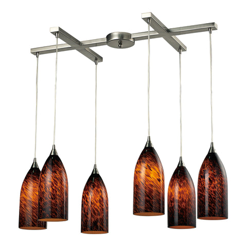 6 Light Pendant In Satin Nickel And Espresso Glass
