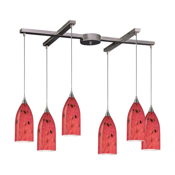 6 Light Pendant In Satin Nickel And Fire Red Glass