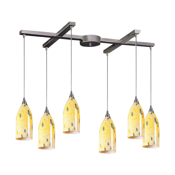 6 Light Pendant In Satin Nickel And Yellow Blaze Glass