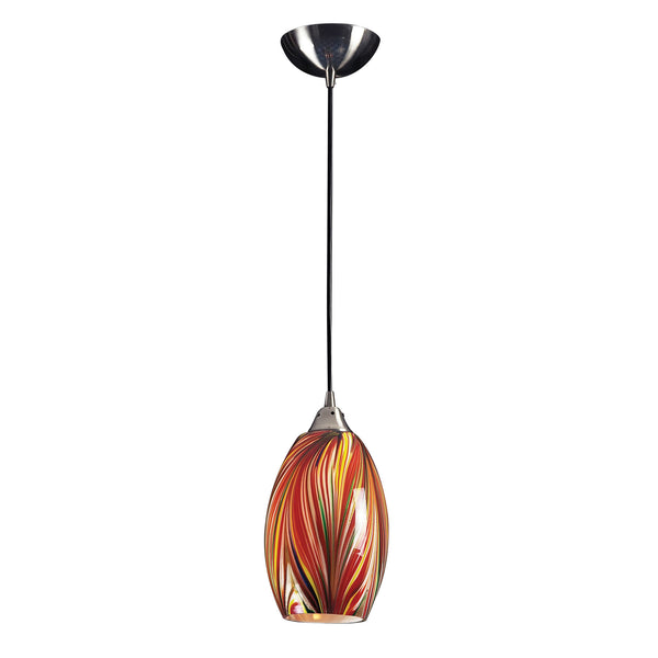 1 Light Pendant In Satin Nickel With Multi Colors Swirled Glass - LED Offering Up To 300 Lumens (25 Watt Equivalent) With Full Range Dimming. Includes An Easily Replaceable LED Bulb (120V).