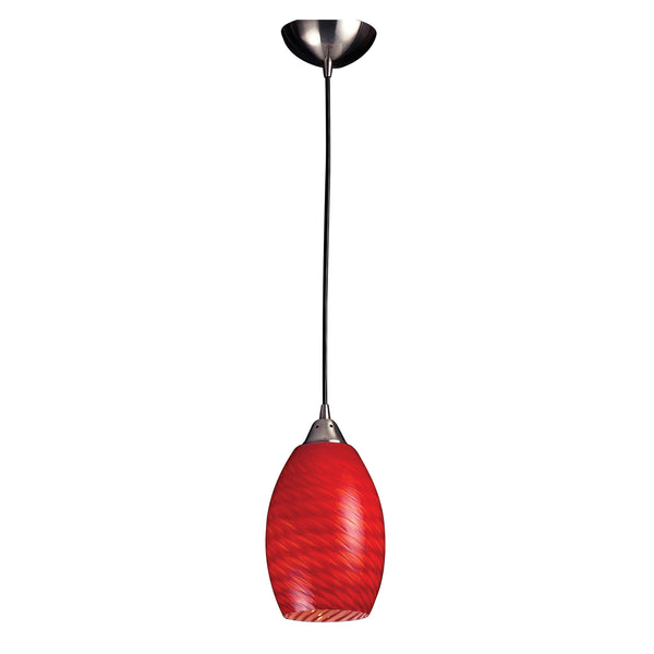 1 Light Pendant In Satin Nickel With Scarlet Red Glass - LED Offering Up To 300 Lumens (25 Watt Equivalent) With Full Range Dimming. Includes An Easily Replaceable LED Bulb (120V).