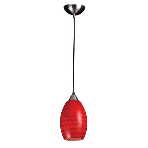 1 Light Pendant In Satin Nickel With Scarlet Red Glass - LED Offering Up To 300 Lumens (25 Watt Equivalent) With Full Range Dimming. Includes An Easily Replaceable LED Bulb (120V).