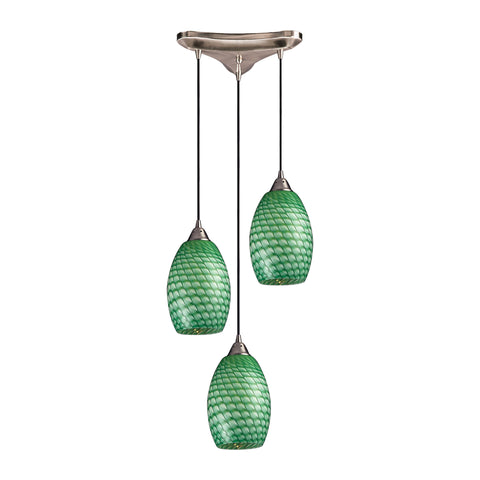 3 Light Pendant In Satin Nickel And Jade Glass