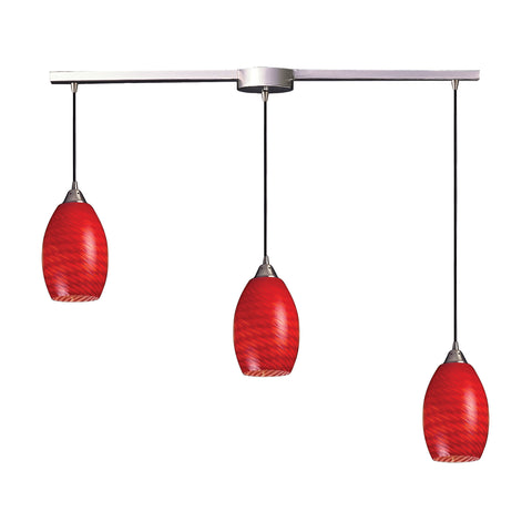 3 Light Pendant In Satin Nickel And Scarlet Red Glass