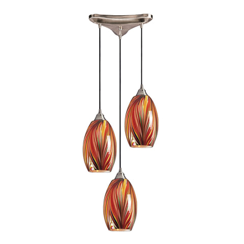 3 Light Pendant In Satin Nickel And Multi Glass