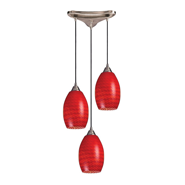 3 Light Pendant In Satin Nickel And Scarlet Red Glass
