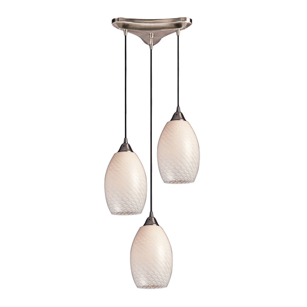 3 Light Pendant In Satin Nickel And White Swirl Glass