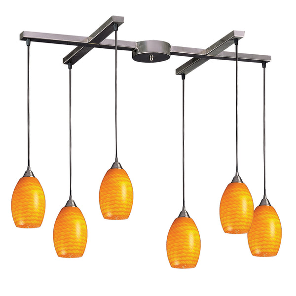 6 Light Pendant In Satin Nickel And Canary Glass