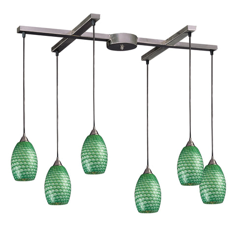 6 Light Pendant In Satin Nickel And Jade Glass