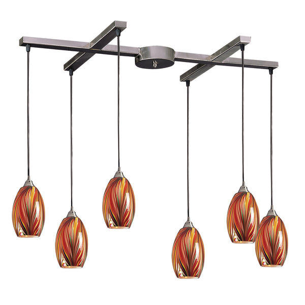 6 Light Pendant In Satin Nickel And Multi Glass