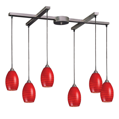 6 Light Pendant In Satin Nickel And Scarlet Red Glass