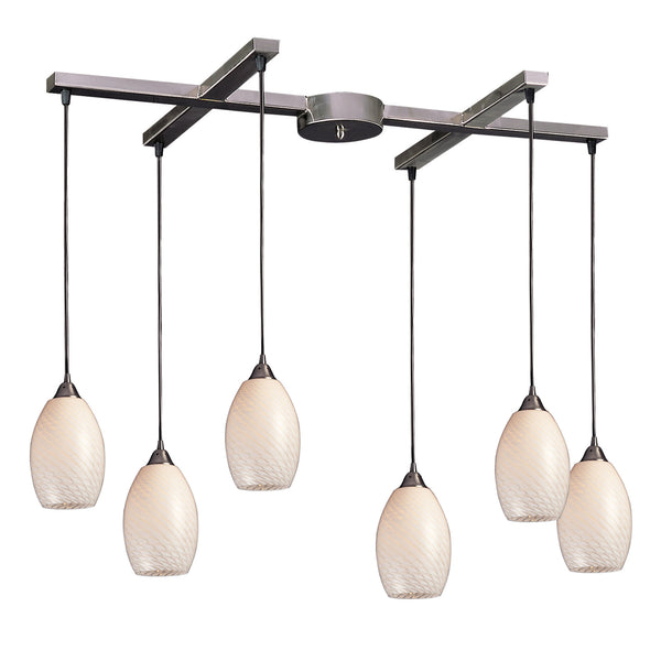 6 Light Pendant In Satin Nickel And White Swirl Glass