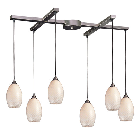 6 Light Pendant In Satin Nickel And White Swirl Glass