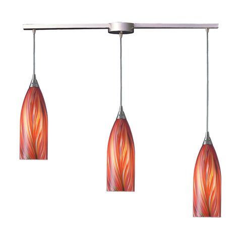 3 Light Pendant In Satin Nickel And Multi Glass