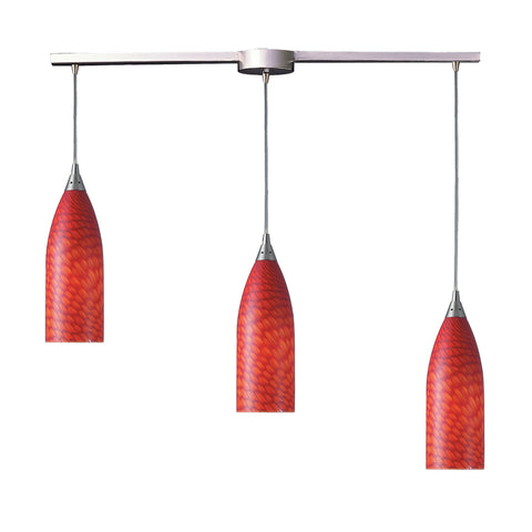3 Light Pendant In Satin Nickel And Scarlet Red Glass