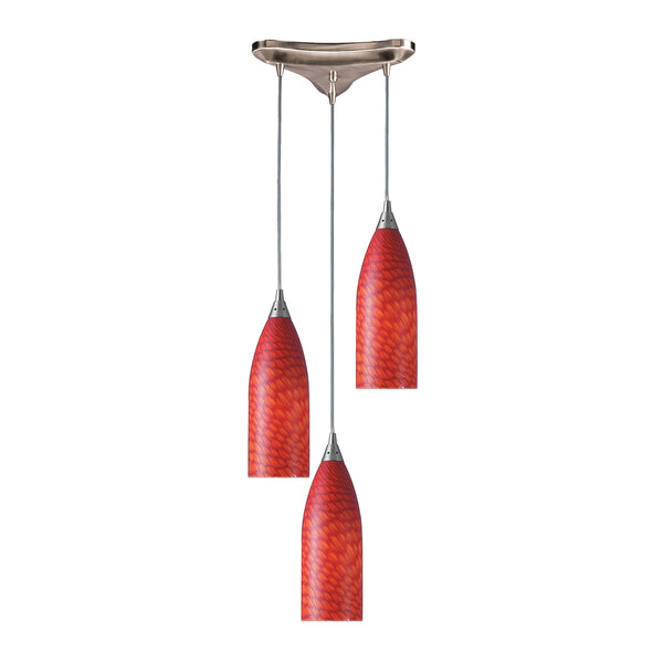 3 Light Pendant In Satin Nickel And Scarlet Red Glass