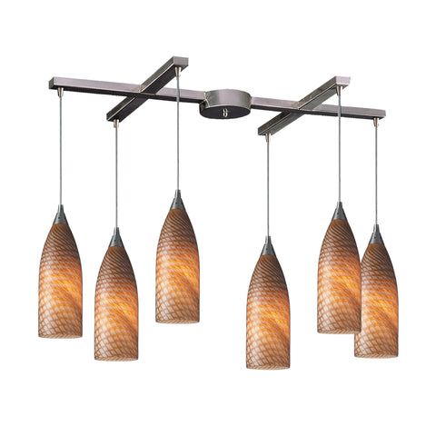 6 Light Pendant In Satin Nickel And Coco Glass