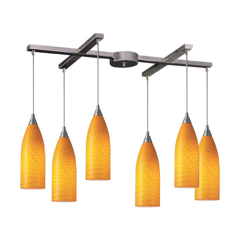 6 Light Pendant In Satin Nickel And Canary Glass