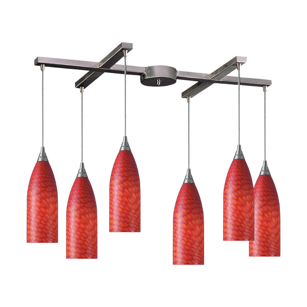 6 Light Pendant In Satin Nickel And Scarlet Red Glass
