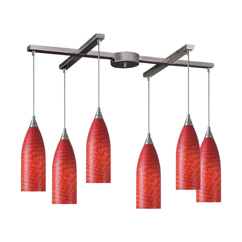 6 Light Pendant In Satin Nickel And Scarlet Red Glass