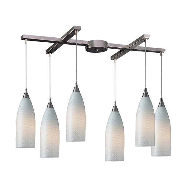 6 Light Pendant In Satin Nickel And White Swirl Glass
