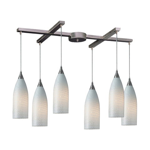6 Light Pendant In Satin Nickel And White Swirl Glass