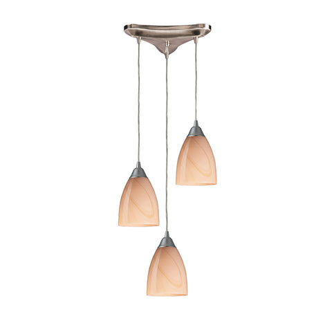 3 Light Pendant In Satin Nickel And Sandy Glass