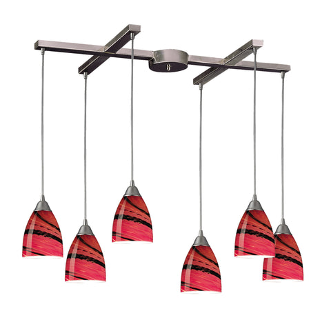6 Light Pendant In Satin Nickel And Autumn Glass