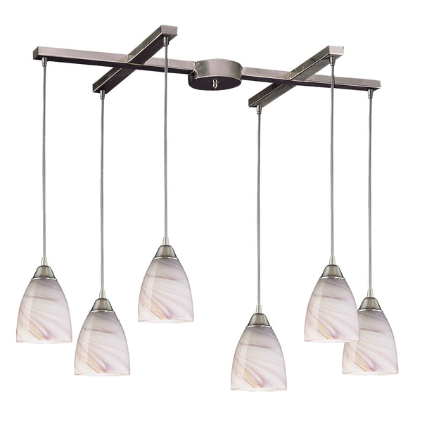 6 Light Pendant In Satin Nickel And Creme Glass