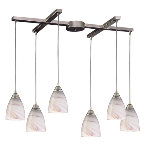 6 Light Pendant In Satin Nickel And Creme Glass