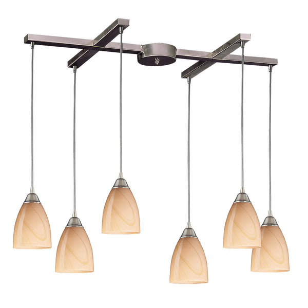 6 Light Pendant In Satin Nickel And Sandy Glass