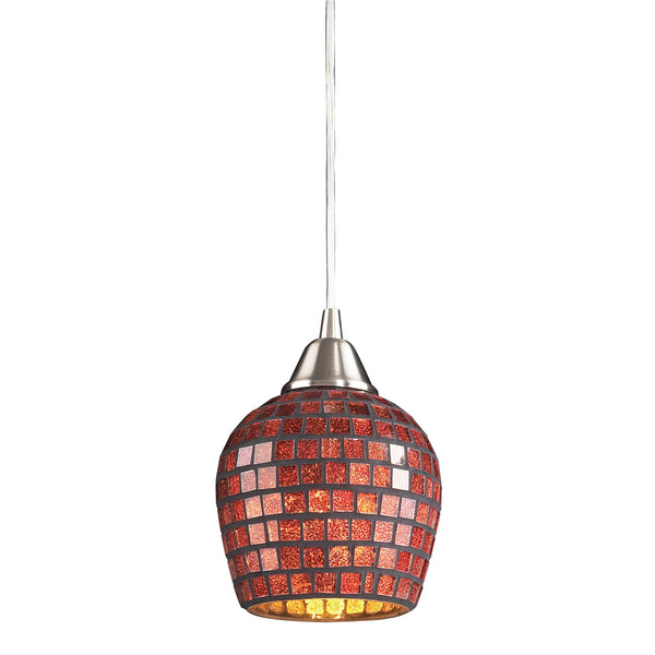 1 Light Pendant In Satin Nickel And Copper Mosaic Glass