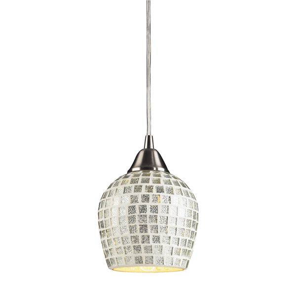 1 Light Pendant In Satin Nickel And Silver Mosaic Glass