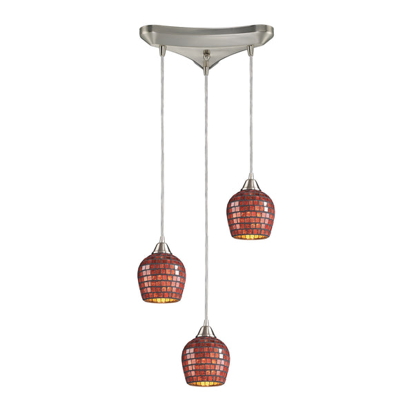 3 Light Pendant In Satin Nickel And Copper Mosaic Glass