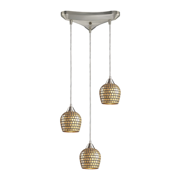 3 Light Pendant In Satin Nickel And Gold Mosaic Glass