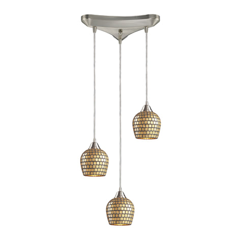 3 Light Pendant In Satin Nickel And Gold Mosaic Glass