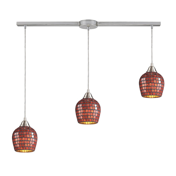 3 Light Linear Pendant In Satin Nickel And Copper Mosaic Glass