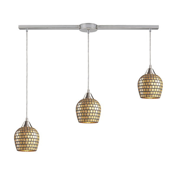 3 Light Linear Pendant In Satin Nickel And Gold Mosaic Glass