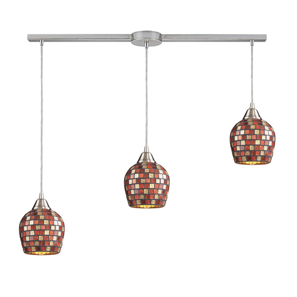 3 Light Linear Pendant In Satin Nickel And Multi Mosaic Glass