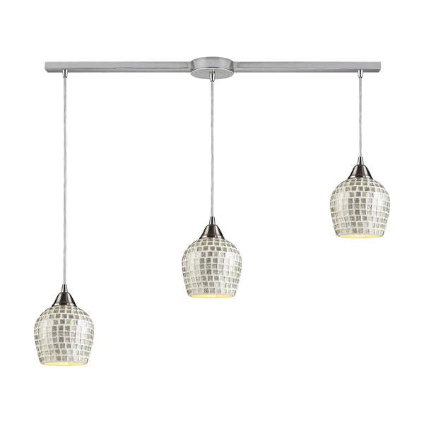 3 Light Linear Pendant In Satin Nickel And Silver Mosaic Glass
