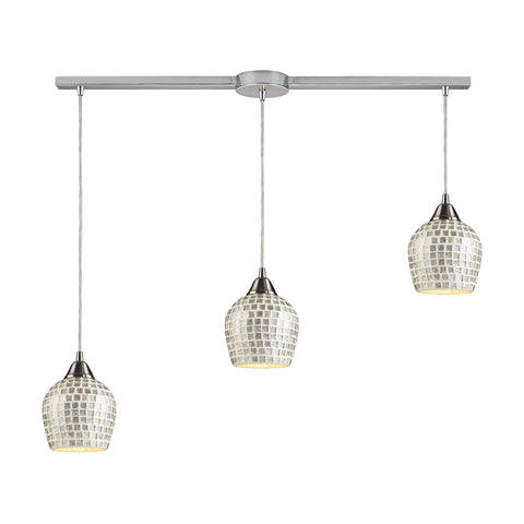 3 Light Linear Pendant In Satin Nickel And Silver Mosaic Glass