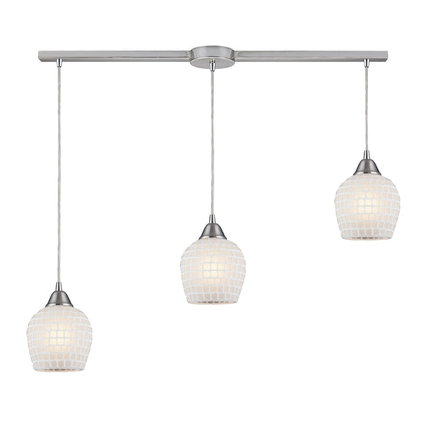 3 Light Linear Pendant In Satin Nickel And White Mosaic Glass