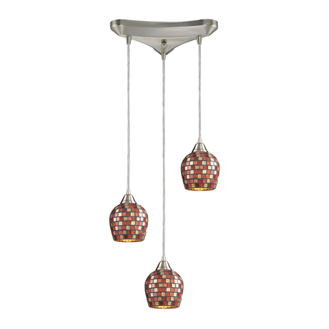3 Light Pendant In Satin Nickel And Multi Mosaic Glass