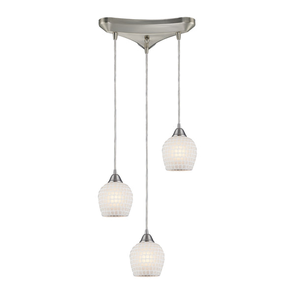 3 Light Pendant In Satin Nickel And White Mosaic Glass